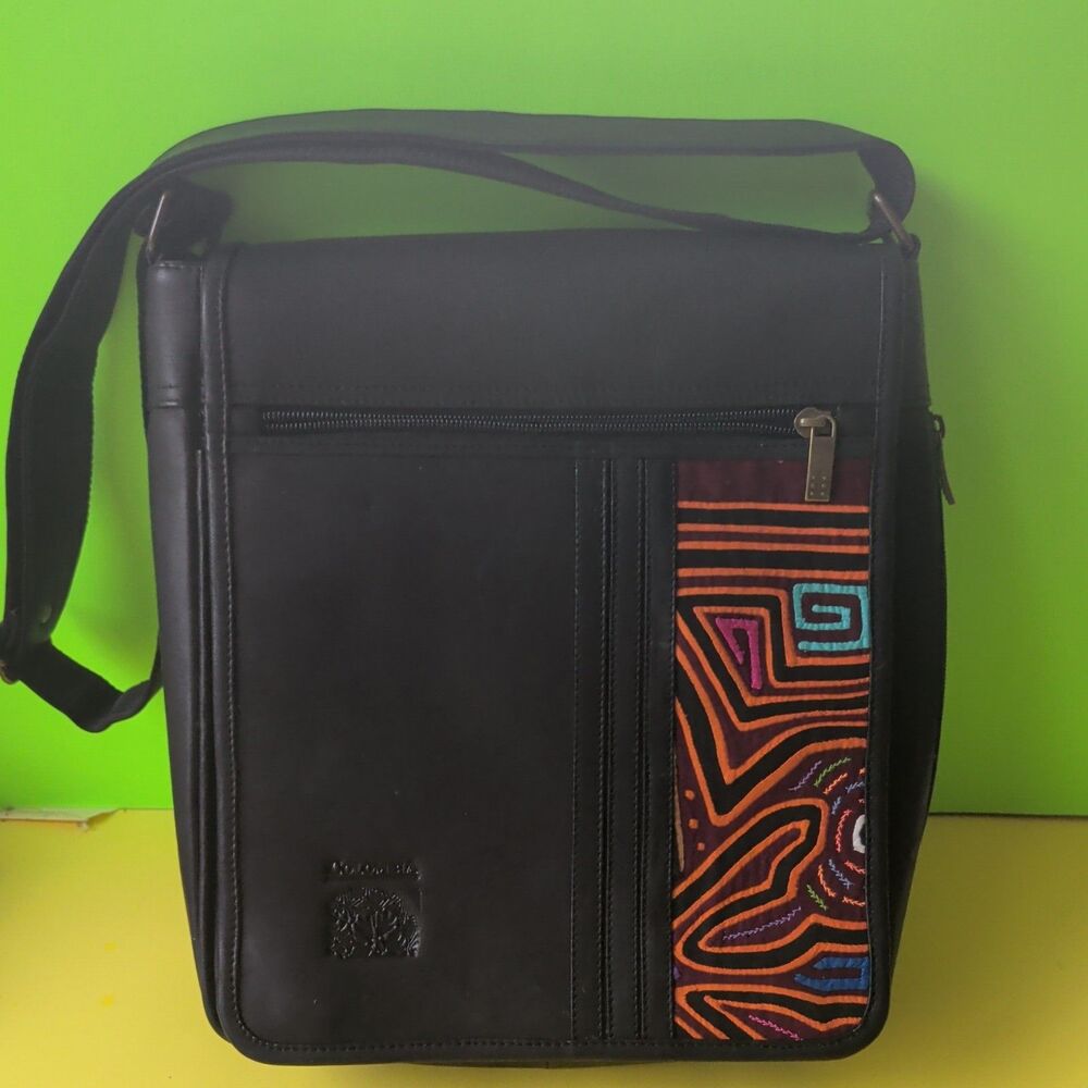 Arte Kuna Colombia Leather Crossbody Bag - Mola Design, Lined, Multiple Pockets